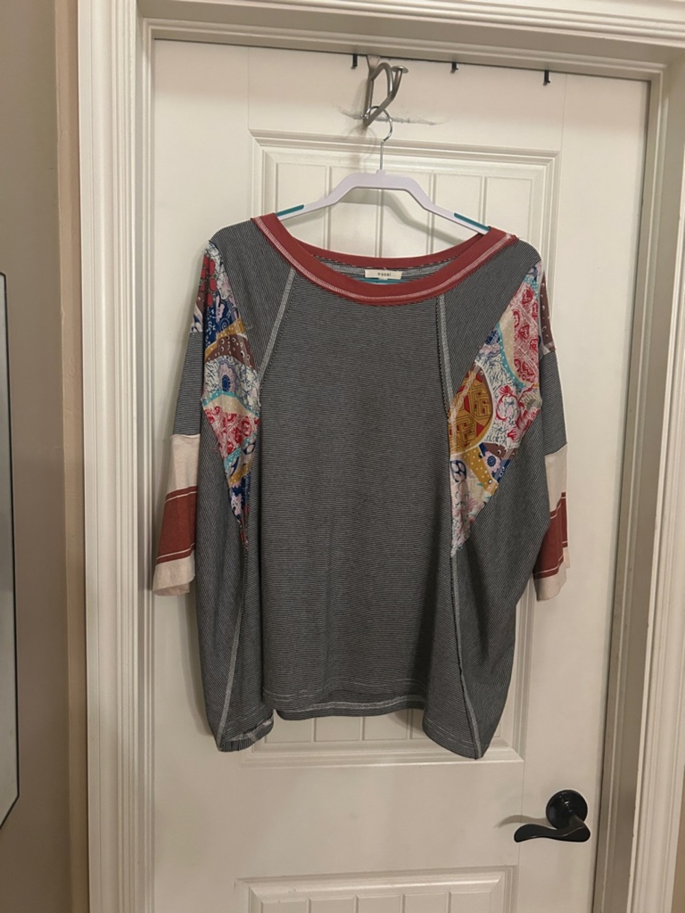 easel Gray Pullover Sweatshirt with Multicolor Patchwork Sleeves and Rust Trim
